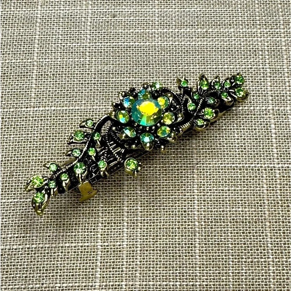 Light Green Peridot AB Floral Crystal Rhinestone Medium Barrette Hair Clip - Picture 6 of 11
